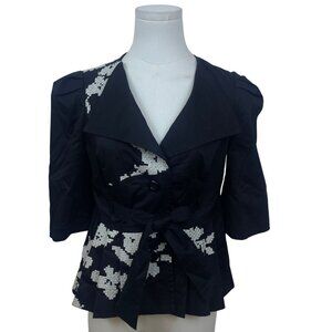 Elevenses Womens Black & White Embroidered Wrap Button-Front Jacket Sz 2